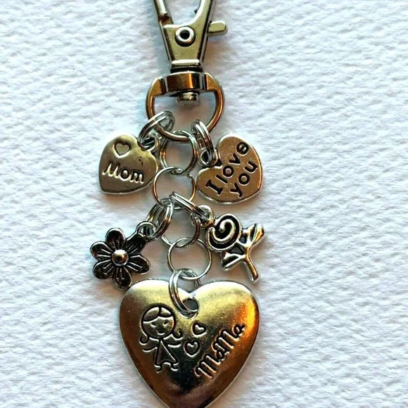 NWT Mom Mother Silver Purse Charm Key Chain Ring Engraved Heart Love Mama Floral - Picture 6 of 6